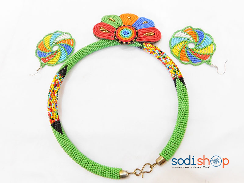 Collier Africain, Ravissant Bijou en Perle + Boucles d’Oreille Ronde, Couleur Vert - Pour Femme MT0077