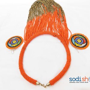 Accessoire Pour Femme, Ensemble Collier + Boucles d’Oreille en Perles, Couleur Orange - Style Africain MT0077