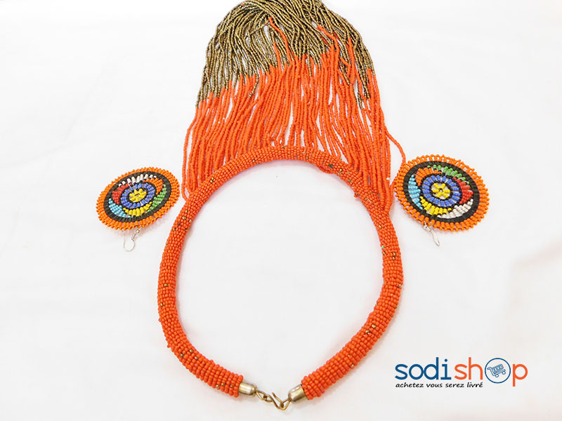 Accessoire Pour Femme, Ensemble Collier + Boucles d’Oreille en Perles, Couleur Orange - Style Africain MT0077