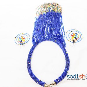 Accessoire Pour Femme, Ensemble Collier + Boucles d’Oreille en Perles, Couleur Bleu - Style Africain MT0077
