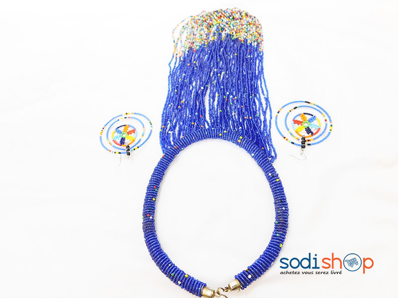 Accessoire Pour Femme, Ensemble Collier + Boucles d’Oreille en Perles, Couleur Bleu - Style Africain MT0077