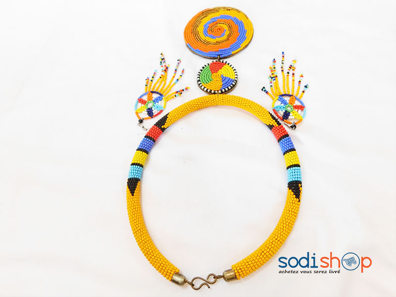 Collier Africain + Boucles d’Oreille Pendantes, Ultra Class, Couleur Jaune, Conception Kenyane - Pour Femme MT0077