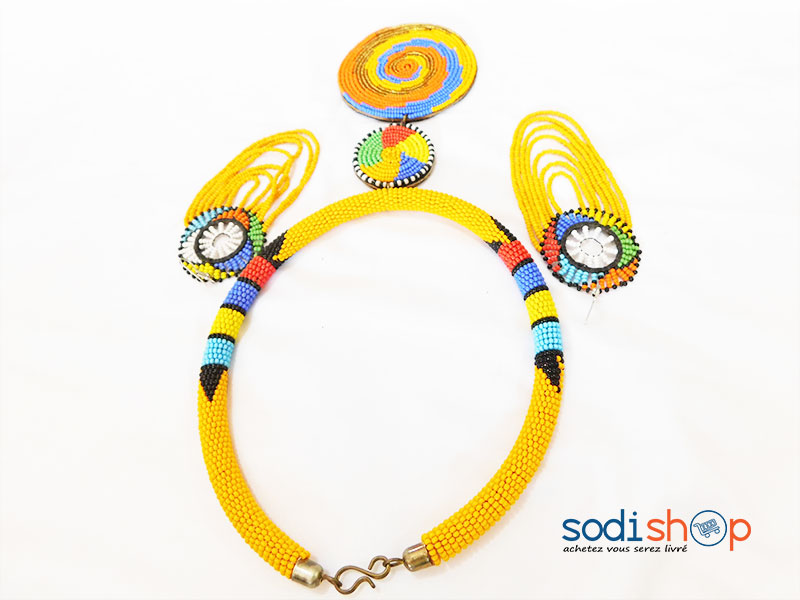 Collier Africain + Boucles d’Oreille Pendantes, Très Class, Couleur Jaune, Conception Kenyane - Pour Femme MT0077