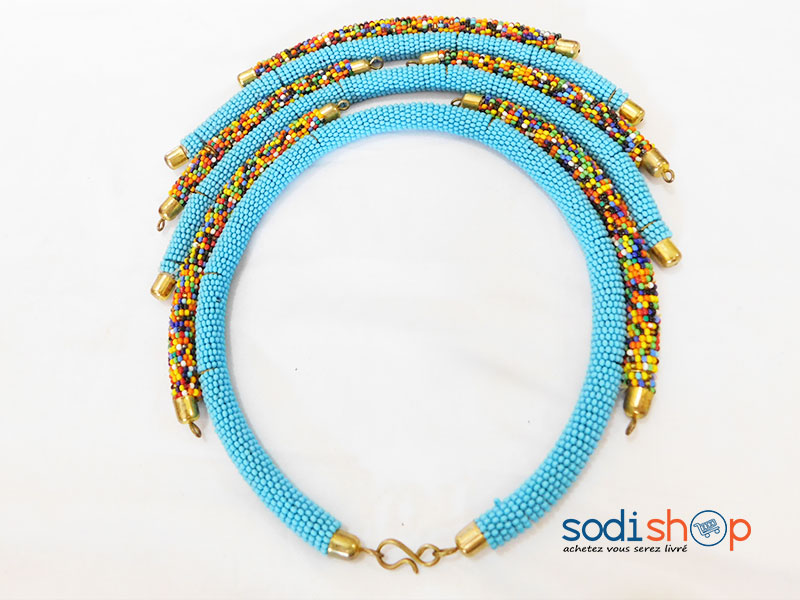 Collier Africain, Ravissant Bijou en Perle, Couleur Bleu - Pour Femme MT0077