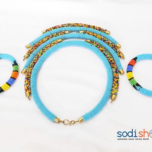 Collier Africain + 2 Bracelets en Perles, Ensemble Ravissant, Couleur Bleu - Pour Femme MT0077