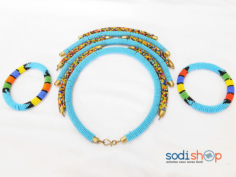 Collier Africain + 2 Bracelets en Perles, Ensemble Ravissant, Couleur Bleu - Pour Femme MT0077