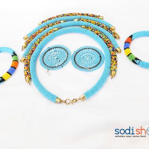 Ensemble Collier + Boucles d’Oreilles et Bracelets en Perles, Couleur Bleu - Pour Femme MT0077