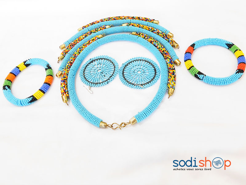 Ensemble Collier + Boucles d’Oreilles et Bracelets en Perles, Couleur Bleu - Pour Femme MT0077
