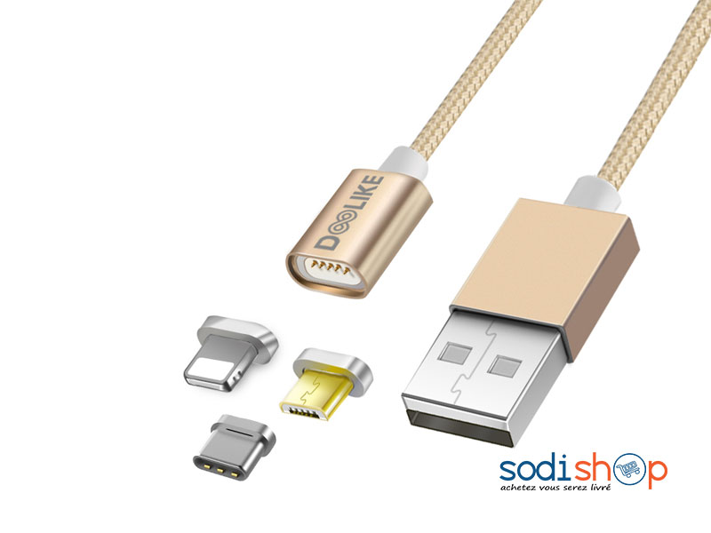 Câble USB Magnétique 3 en 1 Doolike DL-CB 06, Multi Embout, Haute Qualité, 3 Têtes Interchangeable Pour iPhone, Samsung LG0017