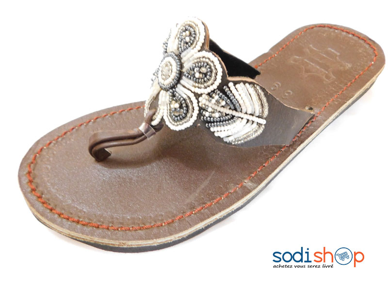 Sandale Pour Femme, Très Confortable avec Brillants, Matière en Cuir - Couleur Marron/Blanc MT0077 – Image 2