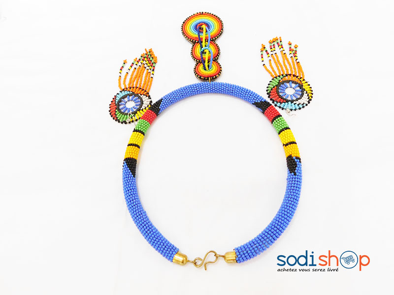 Ensemble Collier + Boucle D’Oreille Artisanal Couleur Bleue MT0077