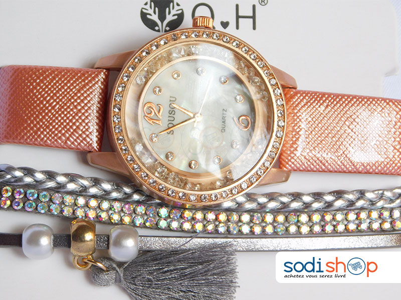 Ensemble Montre Plus Bracelet Pour Femme Couleur Beige SODI00