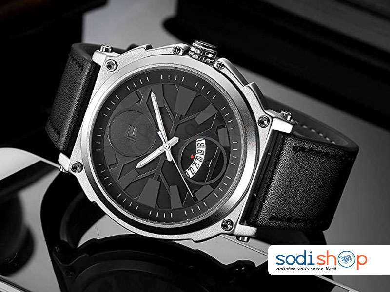 Montre de Luxe FAERDUO 8282, Véritable Cuir, Qualité Supérieure, Style Industriel à Cadran Analogique avec Date - Pour Homme SODI00