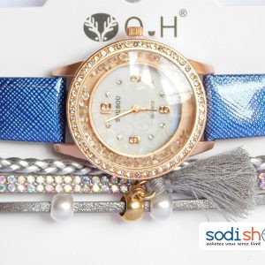 Ensemble Montre Sousou avec Brillant + Bracelet Eclatant, Pour Femme - Couleur Bleu/Argent