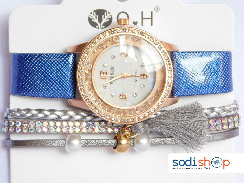 Ensemble Montre Sousou avec Brillant + Bracelet Eclatant, Pour Femme - Couleur Bleu/Argent