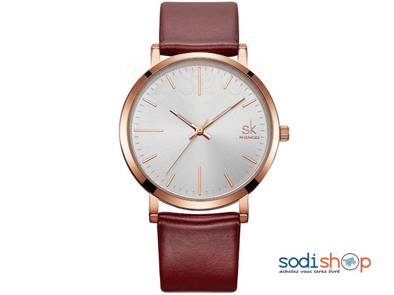 Montre Minimaliste SHENGKE SK-8039 à Quartz analogique décontractée pour Femme avec Bracelet en Simili Cuir SODI00