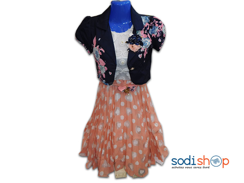 Robe Pour Petite Fille avec Gilet Couleur Blanche-Orange DD0074