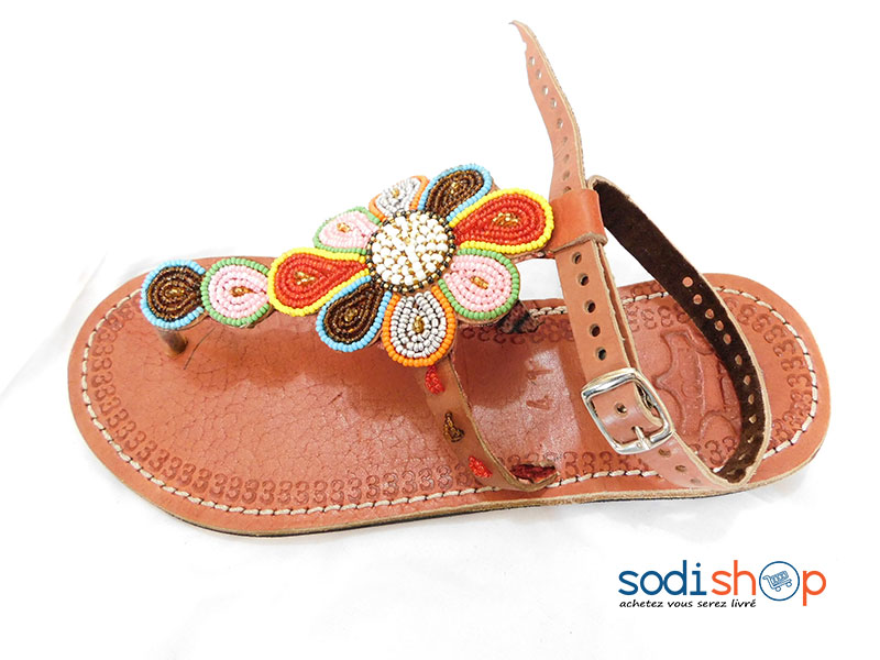 Sandale en Cuir au Perle Africaine Couleur Marron MT0077
