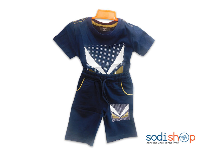 T-Shirt + Culotte Fendi Pour Enfant, Style Décontracté en Coton - Couleur Bleu/Blanc DD0074