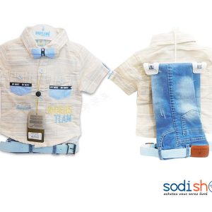 Complet Ravissant Babyland Pour Enfant, Chemise à Nœud + Ceinture avec Pantalon en Jean, Matière en Coton - Couleur Beige/Bleu DD0074