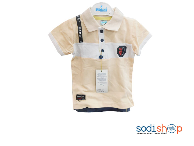 Complet Ravissant Babyland Pour Enfant, Polo + Ceinture avec Pantalon en Jean, Matière en Coton - Couleur Beige/Bleu DD0074