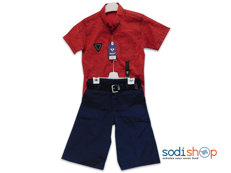 Ensemble RUHAT Class et Elégant Pour Enfant, Chemise + Ceinture avec Culotte, Matière en Coton - Couleur Rouge/Bleu DD0074