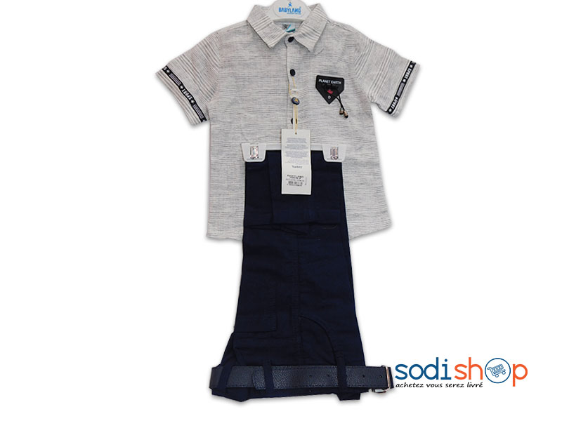 Complet Elégant Babyland Pour Enfant, Polo + Ceinture avec Pantalon en Jean, Matière en Coton - Couleur Gris/Bleu DD0074