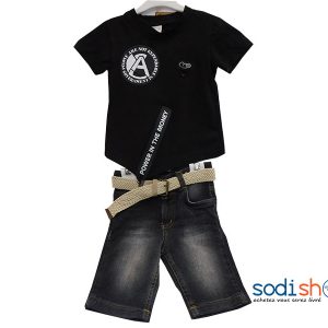 T-Shirt Stylé + Ceinture avec Culotte en Jean Pour Enfant, Class et Décontracté, Matière en Coton - Couleur Noir DD0074