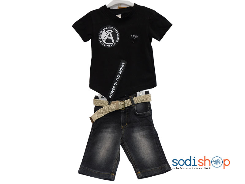 T-Shirt Stylé + Ceinture avec Culotte en Jean Pour Enfant, Class et Décontracté, Matière en Coton - Couleur Noir DD0074