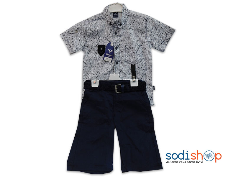 Ensemble RUHAT Class et Elégant Pour Enfant, Chemise + Ceinture avec Culotte, Matière en Coton - Couleur Gris/Bleu DD0074