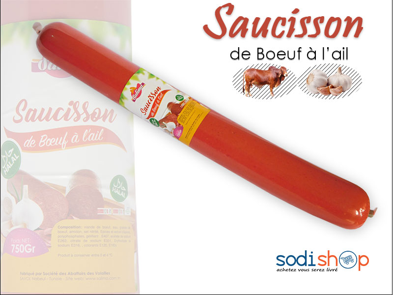 Saucisson Salima, Viande de Bœuf à l’Ail, Véritable Délice, Halal 750 G SM0075