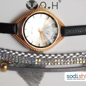 Ensemble Montre Sousou + Bracelet, Design Spécial, Pour Femme - Couleur Noir/Argent