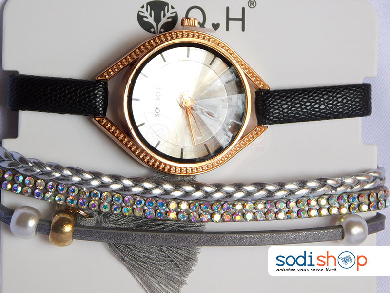 Ensemble Montre Sousou + Bracelet, Design Spécial, Pour Femme - Couleur Noir/Argent