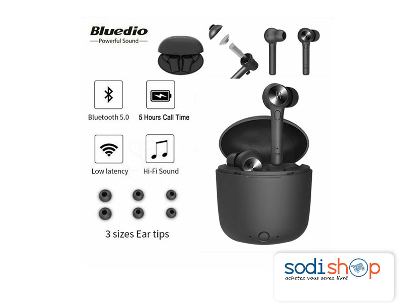 Airpod Ecouteurs Bluetooth Sport BLEUDIO - Hi HuricaneT EIL -Q/LWDZ Hi True, Sonorité Puissante, Haute Qualité, Double Oreillettes + Etui SODI00