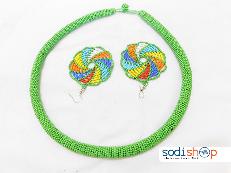 Accessoire Pour Femme, Ensemble Collier + Boucles d’Oreille en Perles - Couleur Vert MT0077