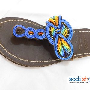 Sandale en Cuir, Chaussure Relaxante, Décoration en Perle - Couleur Marron/Bleu, Pour Femme MT0077