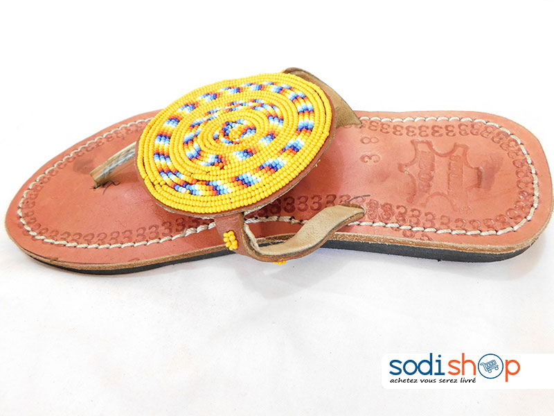 Sandale Pour Femme, Chic et Élégante, Style Africain, Matière en Cuir - Couleur Marron/Jaune MT0077
