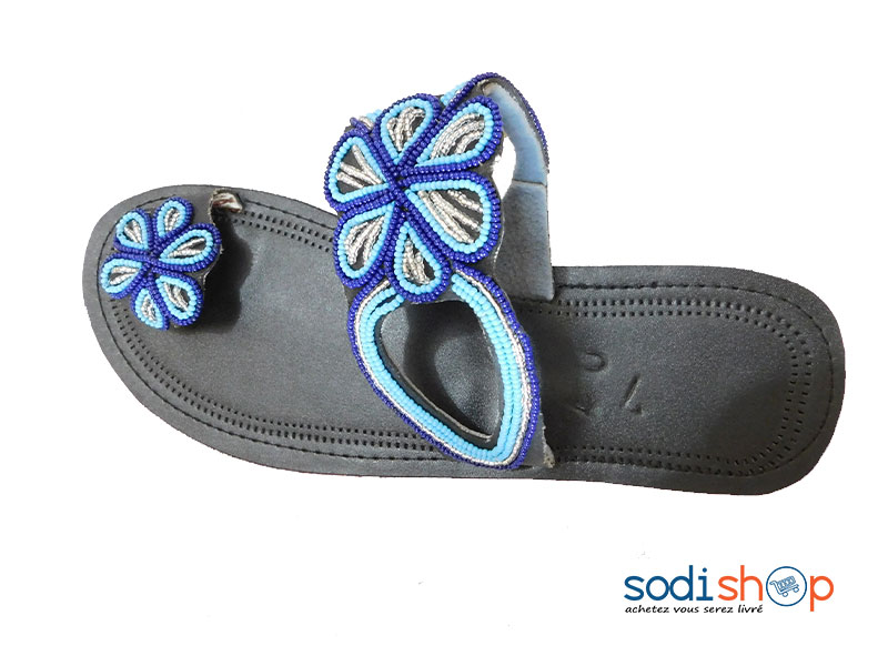 Sandale en Cuir, Chaussure Pour Femme, Décoration en Perle - Couleur Noir/Bleu MT0077 – Image 2