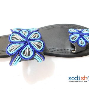 Sandale en Cuir, Chaussure Pour Femme, Décoration en Perle - Couleur Noir/Bleu MT0077