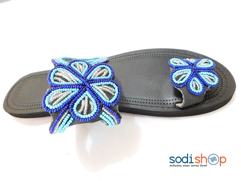 Sandale en Cuir, Chaussure Pour Femme, Décoration en Perle - Couleur Noir/Bleu MT0077