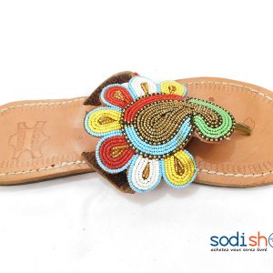 Sandale en Cuir, Chaussure Relaxante, Décoration en Perle - Couleur Marron/Rouge, Pour Femme MT0077