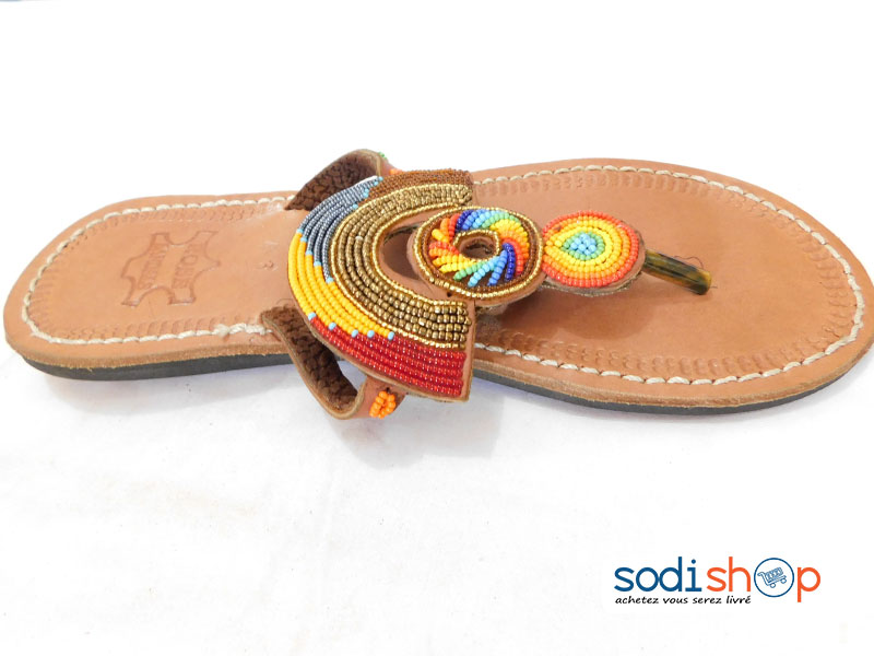 Sandale Pour Femme, Chic et Élégante, Style Africain, Matière en Cuir - Couleur Marron/Jaune MT0077