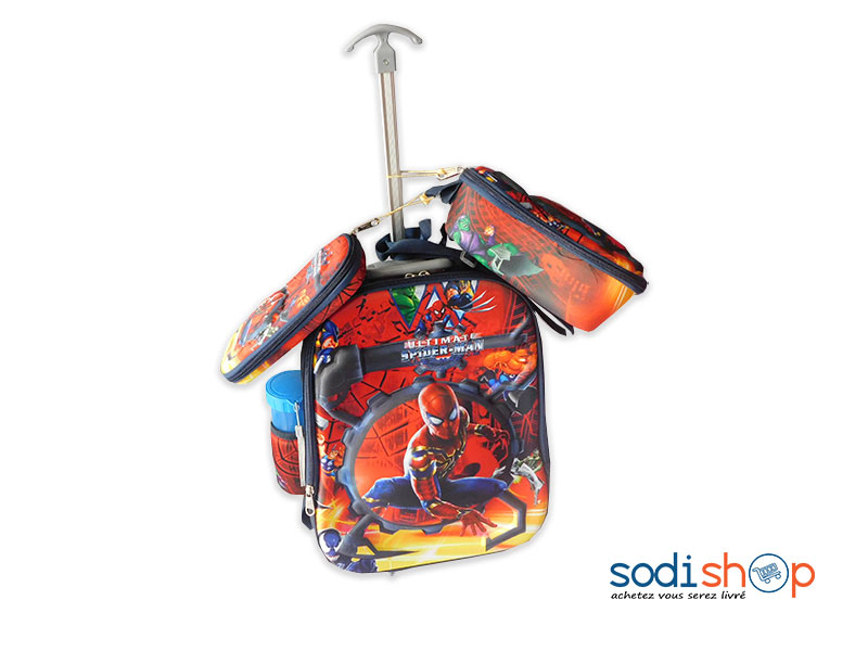 Sac à Dos Pour Ecolier Double Pochettes avec Poignée Télescopique - Spiderman Couleur Rouge SS0086