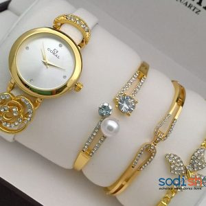 Ensemble Montre Bracelet Pour Femme Couleur Blanc et Doré Sodi00