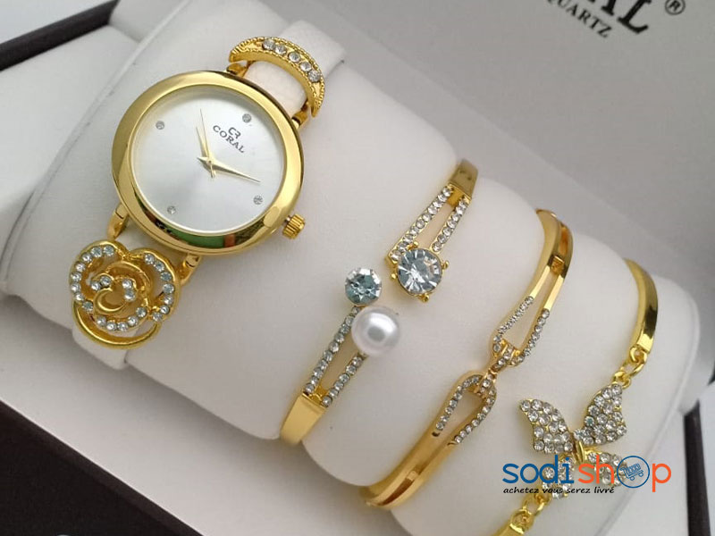 Ensemble Montre Bracelet Pour Femme Couleur Blanc et Doré Sodi00