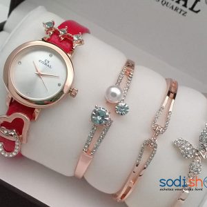 Ensemble Montre Bracelet Pour Femme Couleur Rouge Sodi00