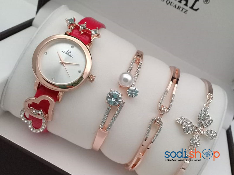 Ensemble Montre Bracelet Pour Femme Couleur Rouge Sodi00