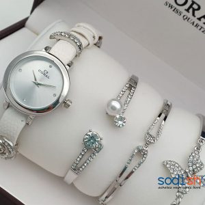 Montre Originale Coral + Bracelets Perlés Pour Femme Style Epuré - Couleur Blanc Argent SODI00
