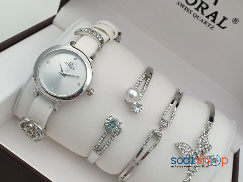 Montre Originale Coral + Bracelets Perlés Pour Femme Style Epuré - Couleur Blanc Argent SODI00
