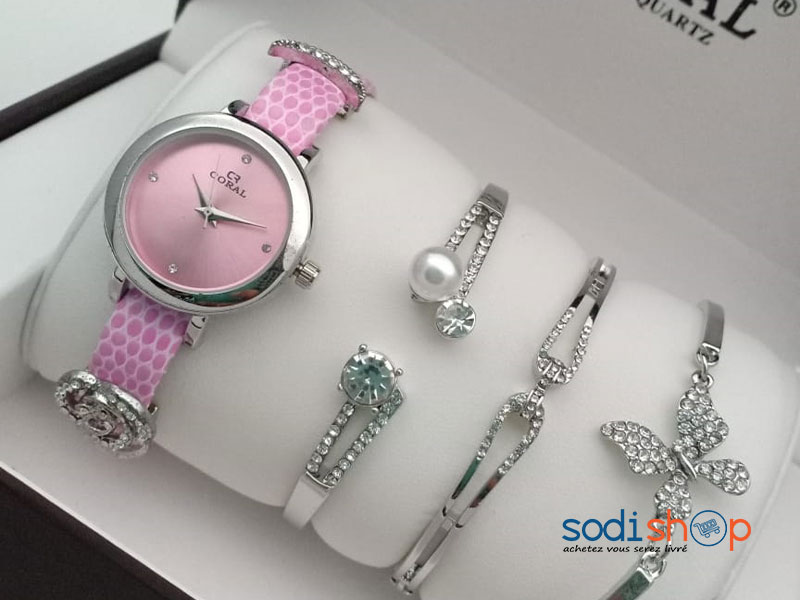 Montre Originale Coral avec Bracelets Couleur Rose Argent - Accessoire Pour Femme SODI00